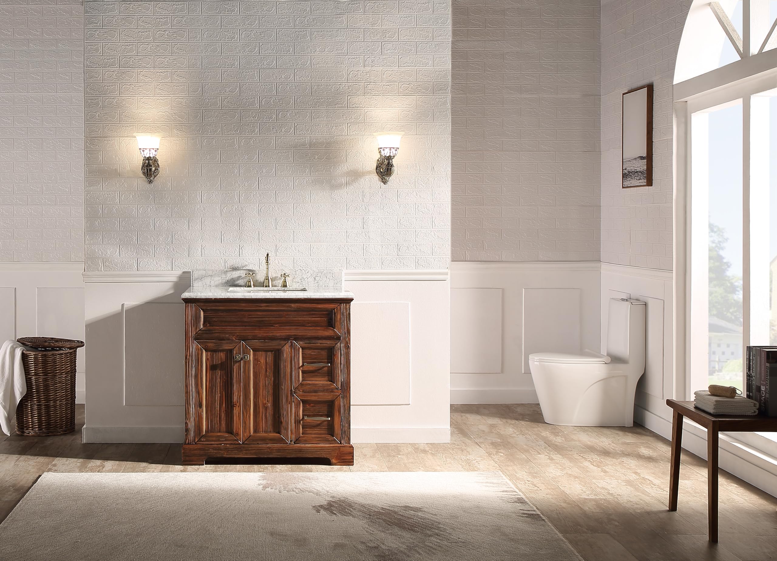 Fully-Assembled Bathroom Vanity Set with White Quartz Countertop & 1 Back Splash, Ceramic Sink Natural Brown