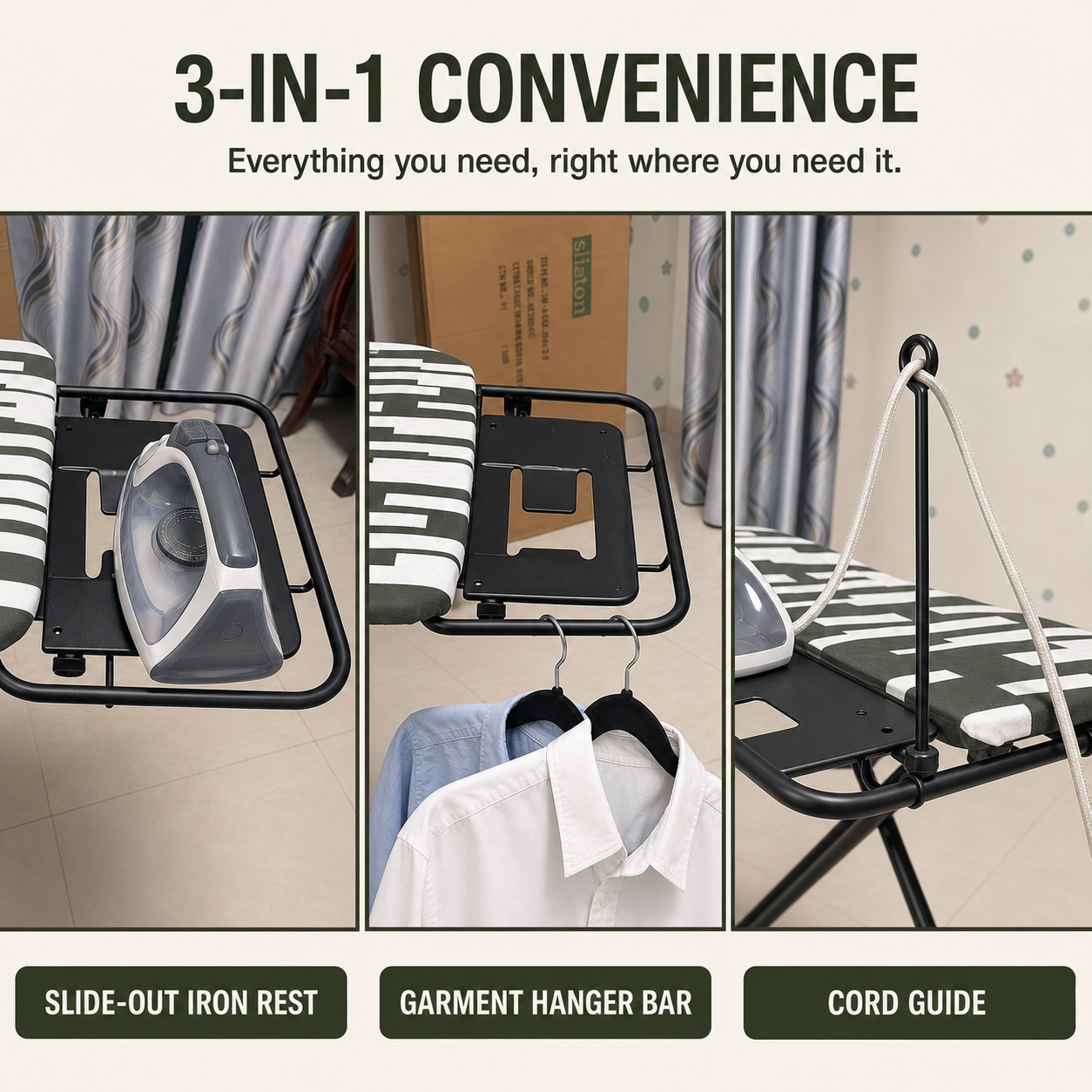 SLIETON slide-out iron rest with hanging rail and cord guide