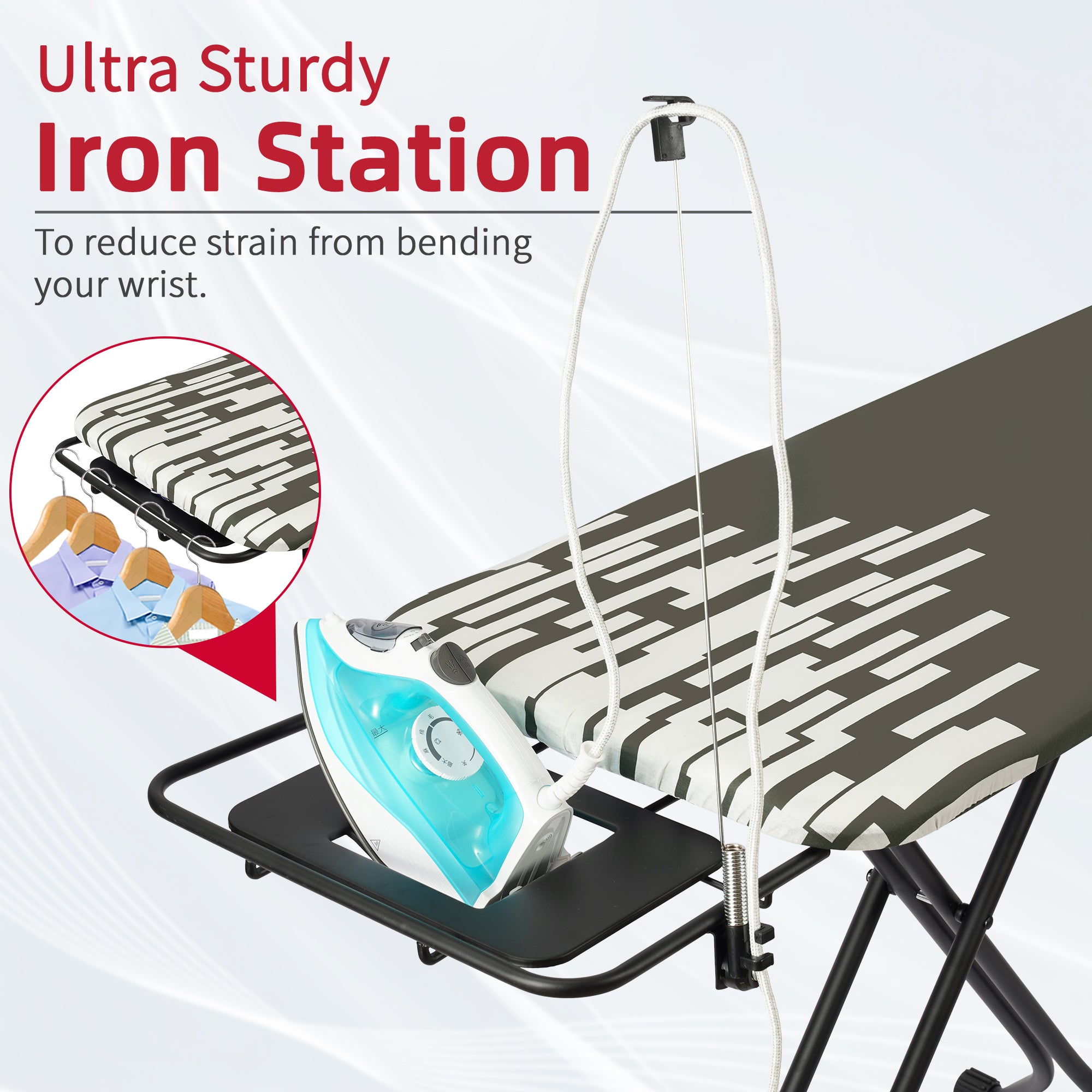 Extra Large Ironing Board with Hang Rail and Iron Rest 64" L x 20" W x 38" H (Large with Sliding Iron Rest)