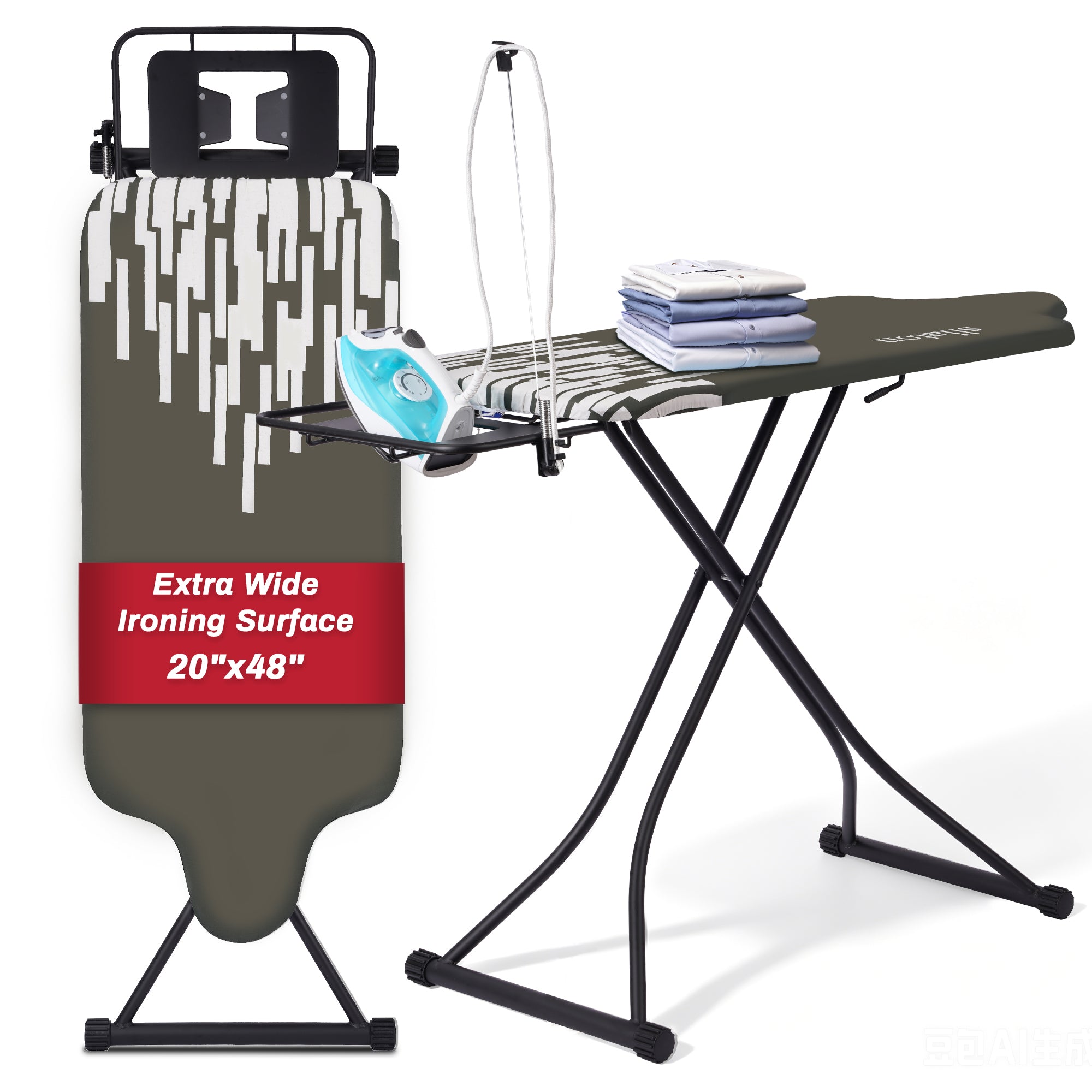 Extra Large Ironing Board with Hang Rail and Iron Rest 64" L x 20" W x 38" H (Large with Sliding Iron Rest)