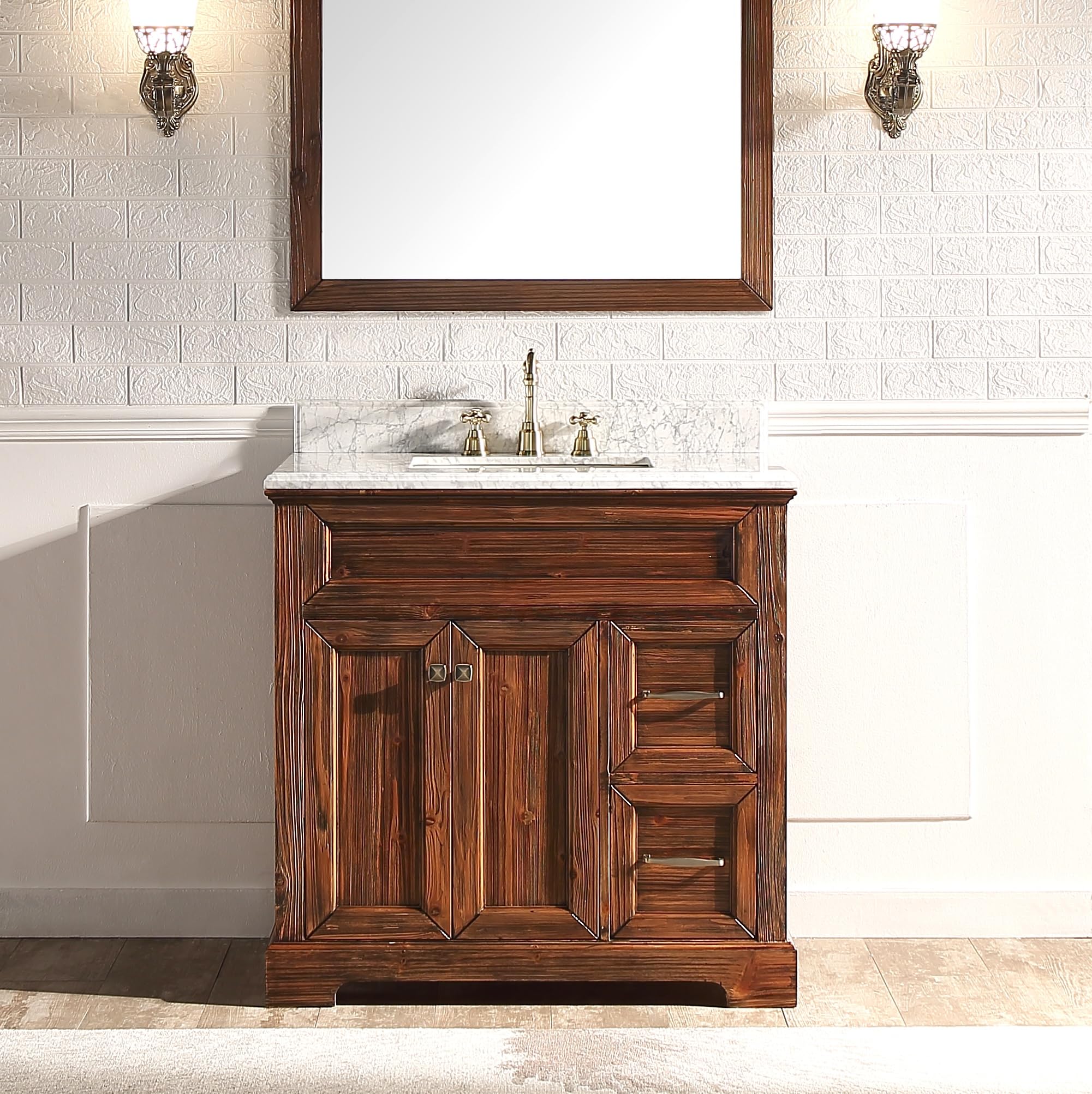 Fully-Assembled Bathroom Vanity Set with White Quartz Countertop & 1 Back Splash, Ceramic Sink Natural Brown