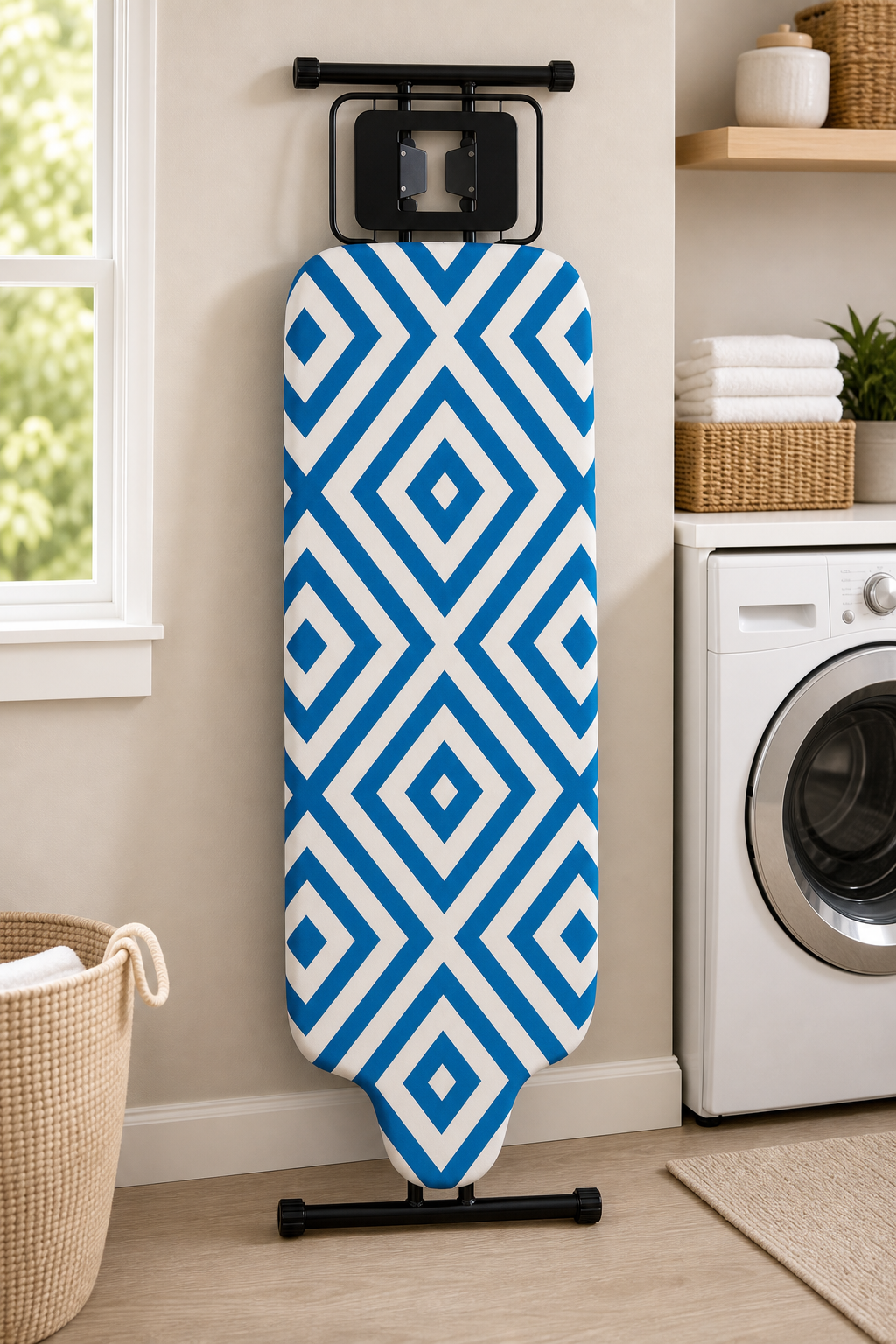 Slieton extra-large ironing board with blue diamond cover in a laundry room