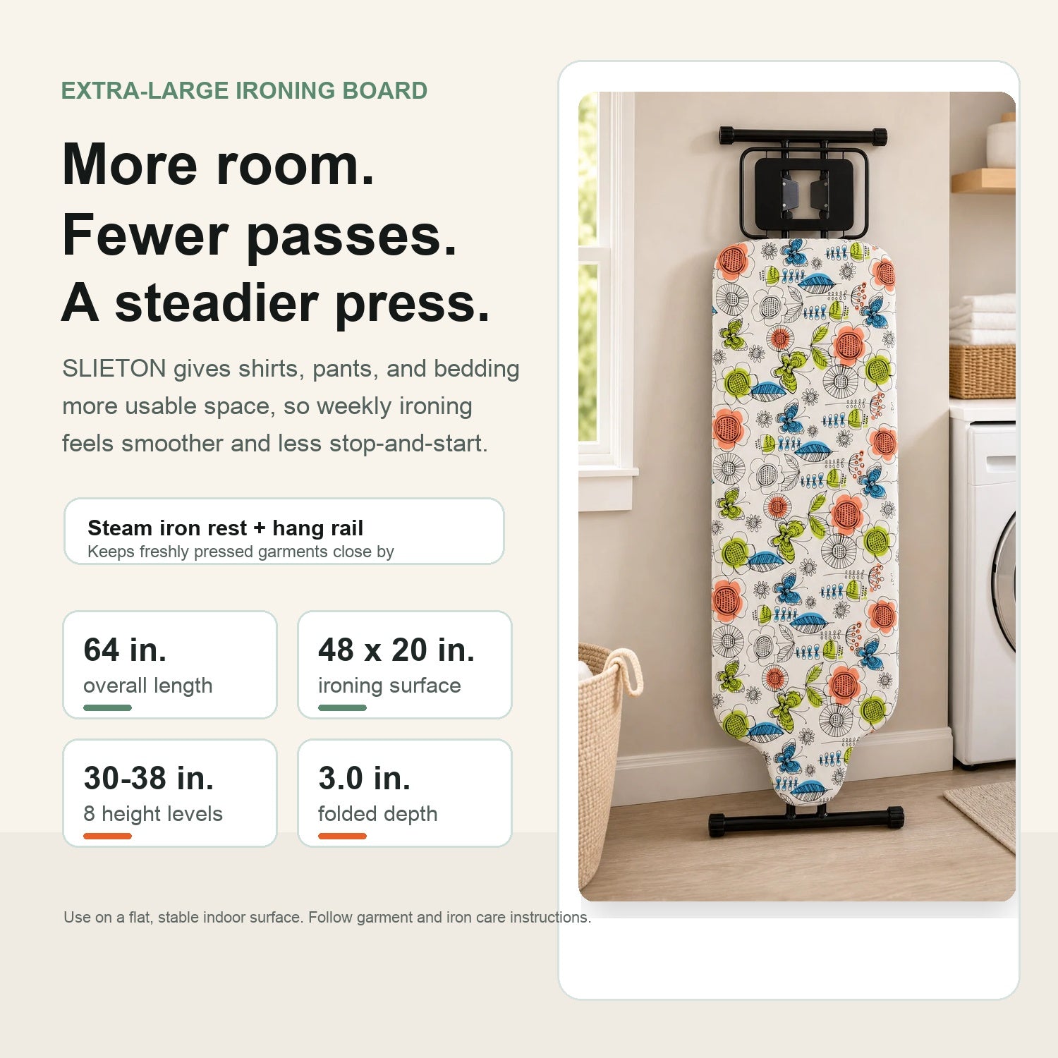 Slieton extra-large ironing board dimensions with 64 inch length and 48 x 20 inch ironing surface