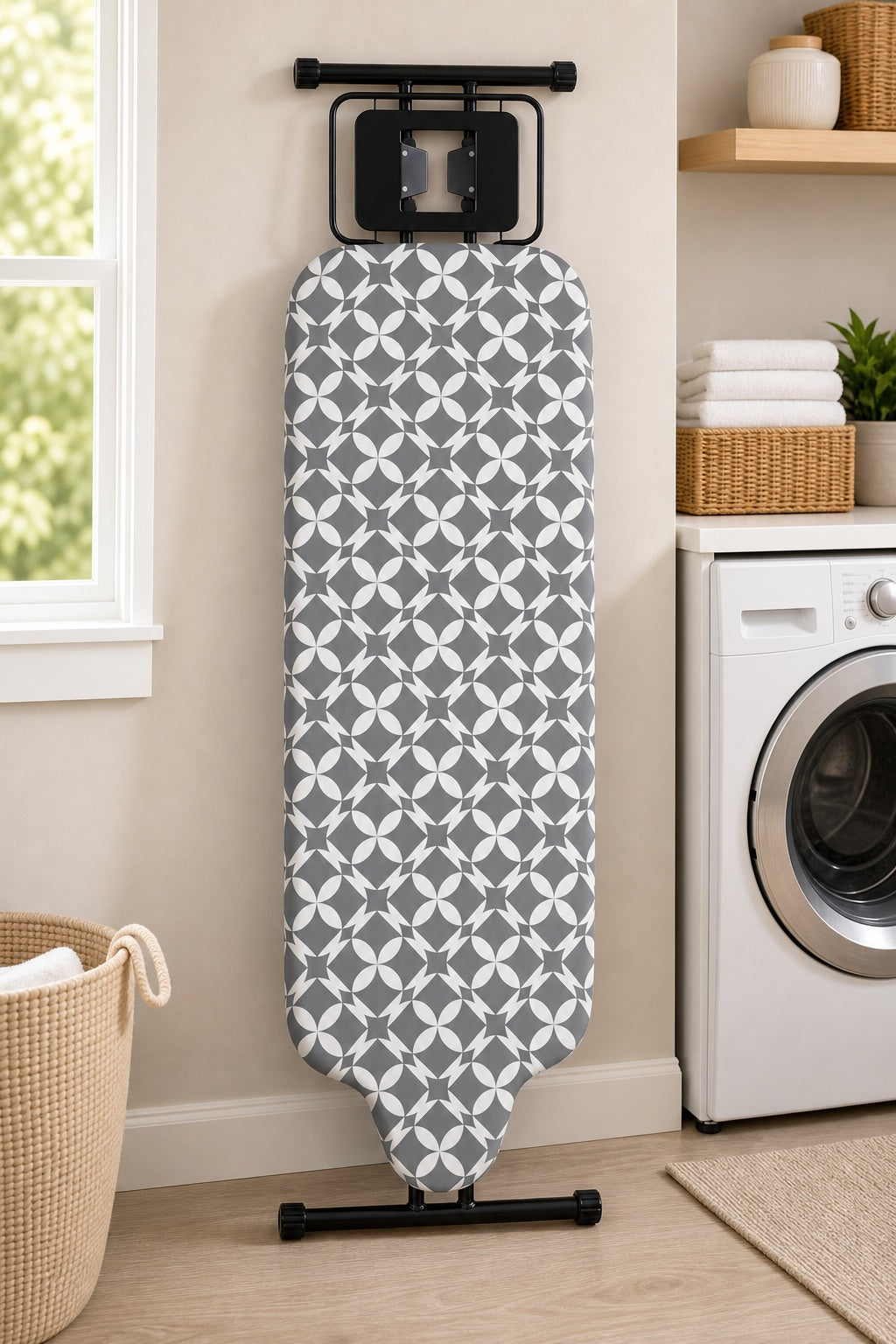 Slieton extra-large ironing board with gray geometric cover in a laundry room
