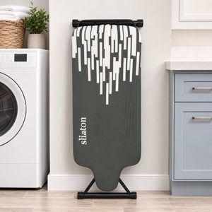 SLIETON ironing board folded upright as one compact board with centered garment end