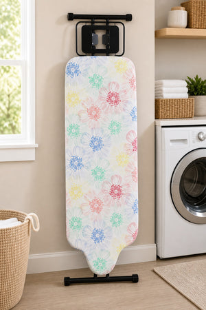 Slieton extra-large ironing board with multicolor floral cover in a laundry room