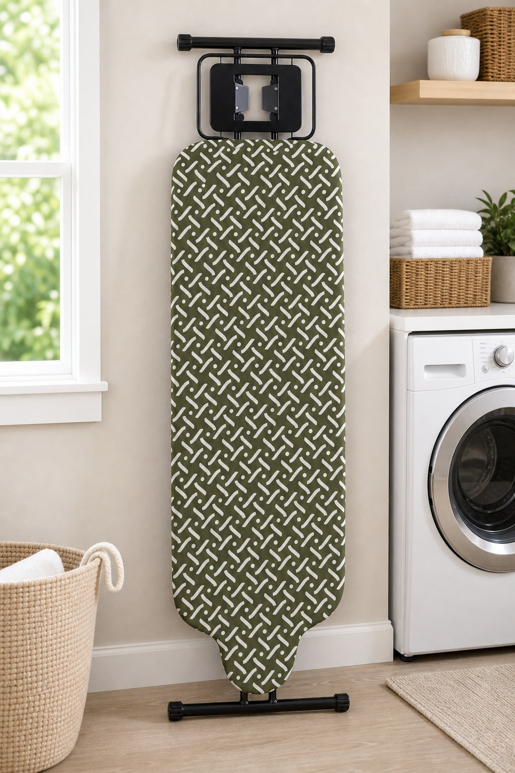 Slieton extra-large ironing board with olive chain pattern cover in a laundry room