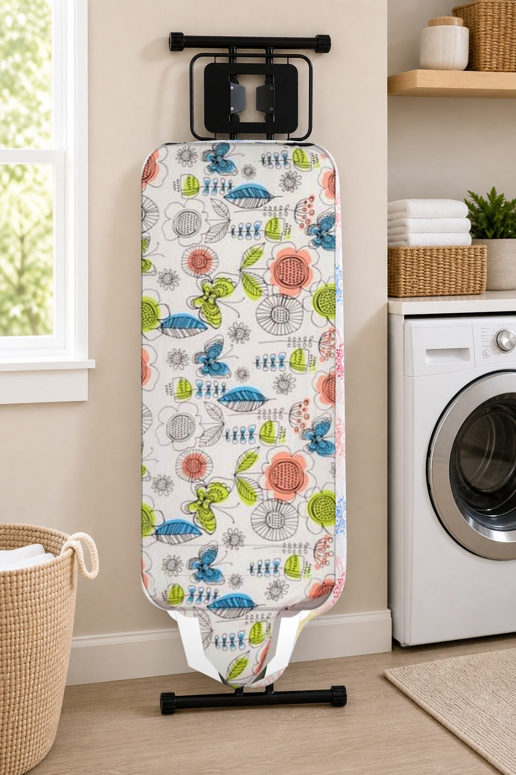 Slieton extra-large ironing board with white botanical cover in a laundry room