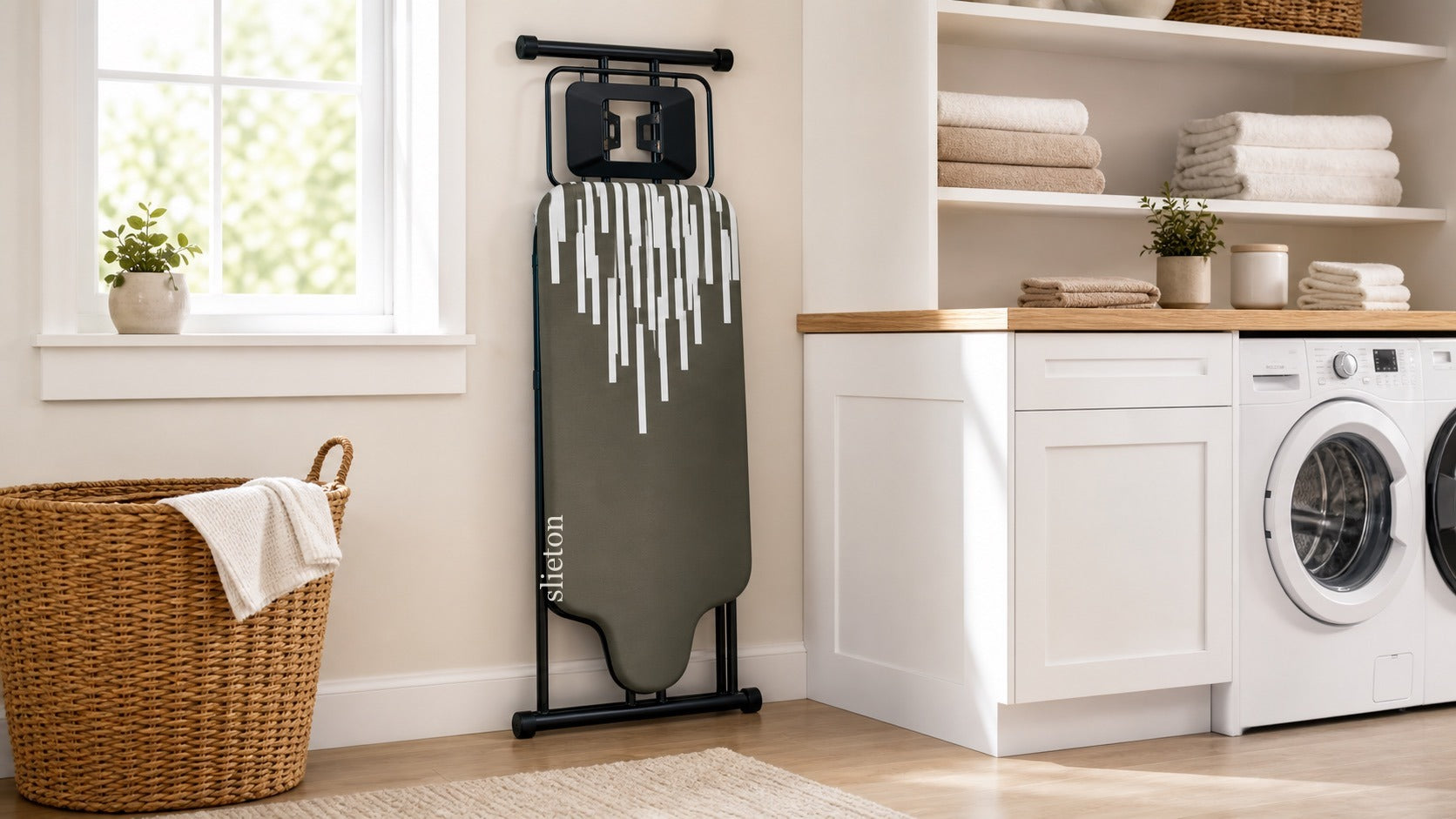 Slieton extra-large ironing board standing upright in a laundry room
